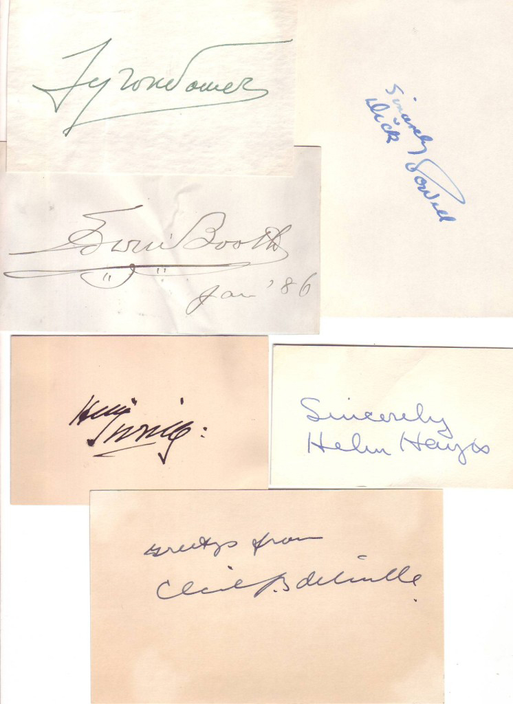 (ACTORS.) Group of 5 Signatures, each by a film or stage actor, each on a small card.